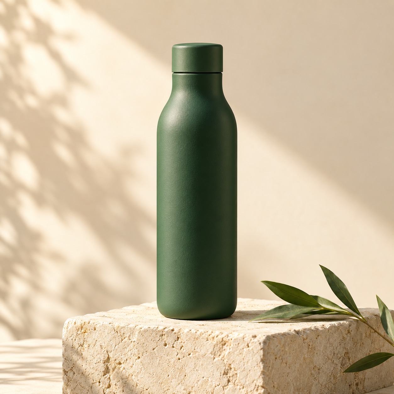 Illustrative product creative: a forest-green bottle in warm sunlight